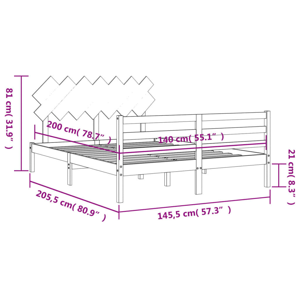 vidaXL gultas rāmis ar galvgali, 140x200 cm, masīvkoks, balts cena un informācija | Gultas | 220.lv