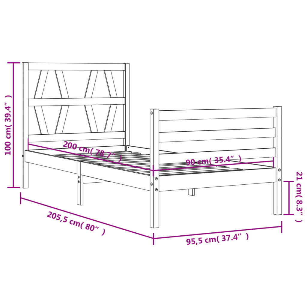 vidaXL gultas rāmis ar galvgali, brūns, masīvkoks, 90x200 cm cena un informācija | Gultas | 220.lv