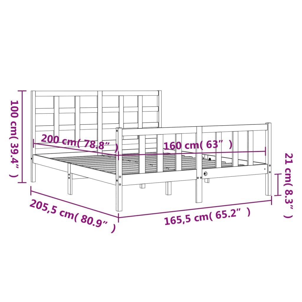 vidaXL gultas rāmis ar galvgali, 160x200 cm, masīvkoks, pelēks cena un informācija | Gultas | 220.lv