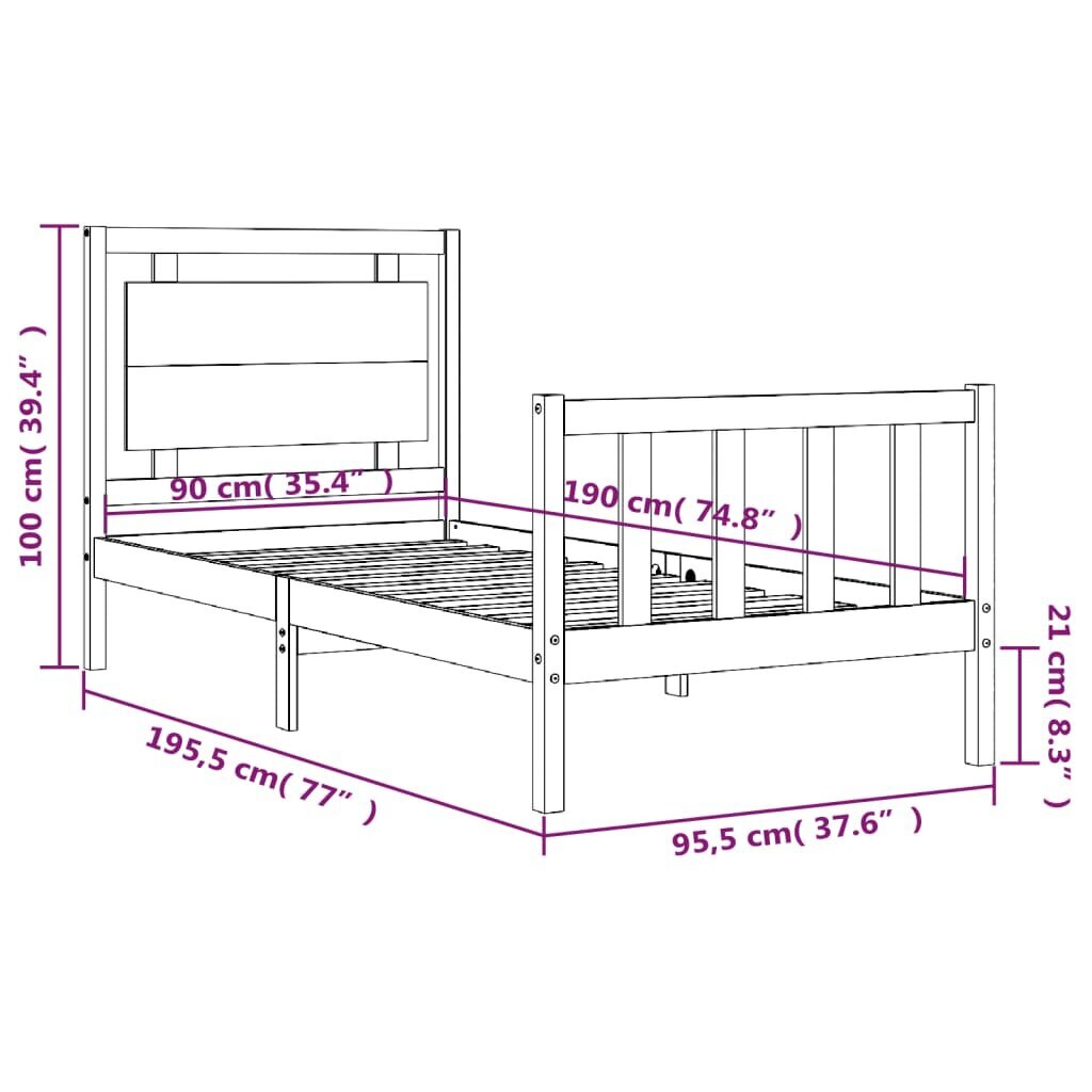 vidaXL gultas rāmis ar galvgali, balts, 90x190 cm, masīvkoks cena un informācija | Gultas | 220.lv