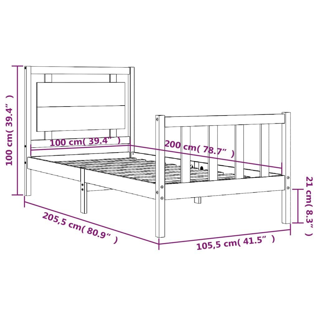 vidaXL gultas rāmis ar galvgali, 100x200 cm, masīvkoks, balts cena un informācija | Gultas | 220.lv