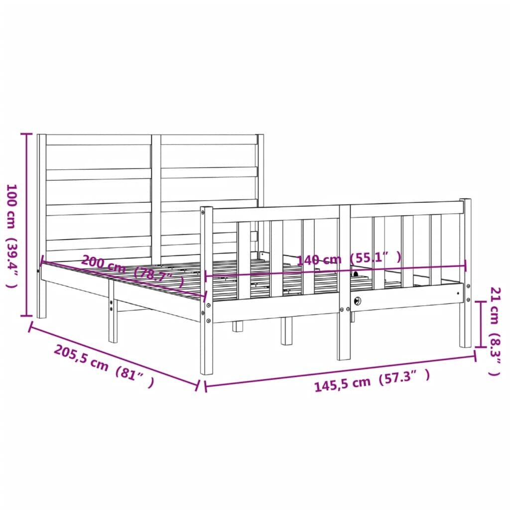 vidaXL gultas rāmis ar galvgali, 140x200 cm, masīvkoks, balts цена и информация | Gultas | 220.lv