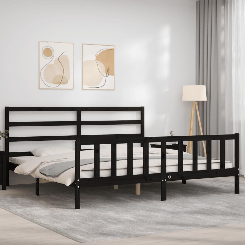 vidaXL gultas rāmis ar galvgali, melns, 200x200 cm, masīvkoks цена и информация | Gultas | 220.lv