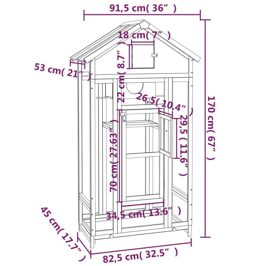 vidaXL putnu māja, pelēka, 91,5x53x170 cm, priedes masīvkoks cena un informācija | Putnu būri un barotavas | 220.lv