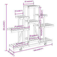 vidaXL puķu statīvs ar ritenīšiem, 110x25x101 cm, egles masīvkoks цена и информация | Подставки для цветов, держатели для вазонов | 220.lv