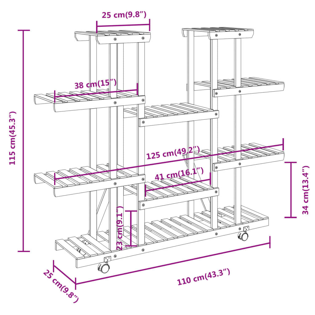 vidaXL puķu statīvs ar ritenīšiem, 110x25x115 cm, egles masīvkoks cena un informācija | Ziedu statīvi, puķu podu turētāji | 220.lv