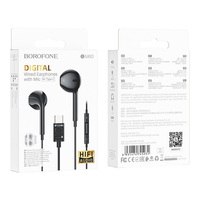 Borofone Earphones BM60 with Type C plug (DAC) black cena un informācija | Austiņas | 220.lv