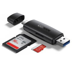 Adapteris USB + USB-C UGREEN CM304 karšu lasītājs SD + microSD, melns цена и информация | Адаптеры и USB разветвители | 220.lv