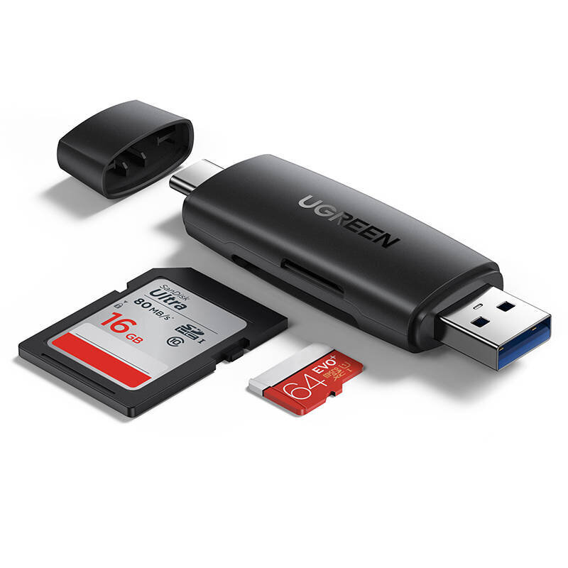 Adapteris USB + USB-C UGREEN CM304 karšu lasītājs SD + microSD, melns цена и информация | Adapteri un USB centrmezgli | 220.lv