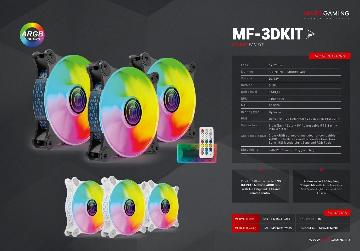 MARS GAMING MF-3DKIT Infinity Mirror ARGB 120mm tālvadības datora dzesētāju komplekts cena un informācija | Datora ventilatori | 220.lv