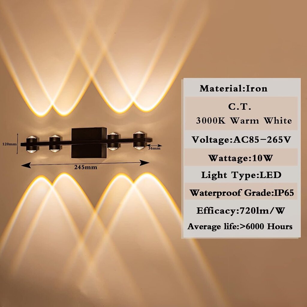 MQHOBO LED sienas lampa, āra/iekštelpu, IP65, 3000K, 8W, 720 lūmeni, melna цена и информация | Sienas lampas | 220.lv