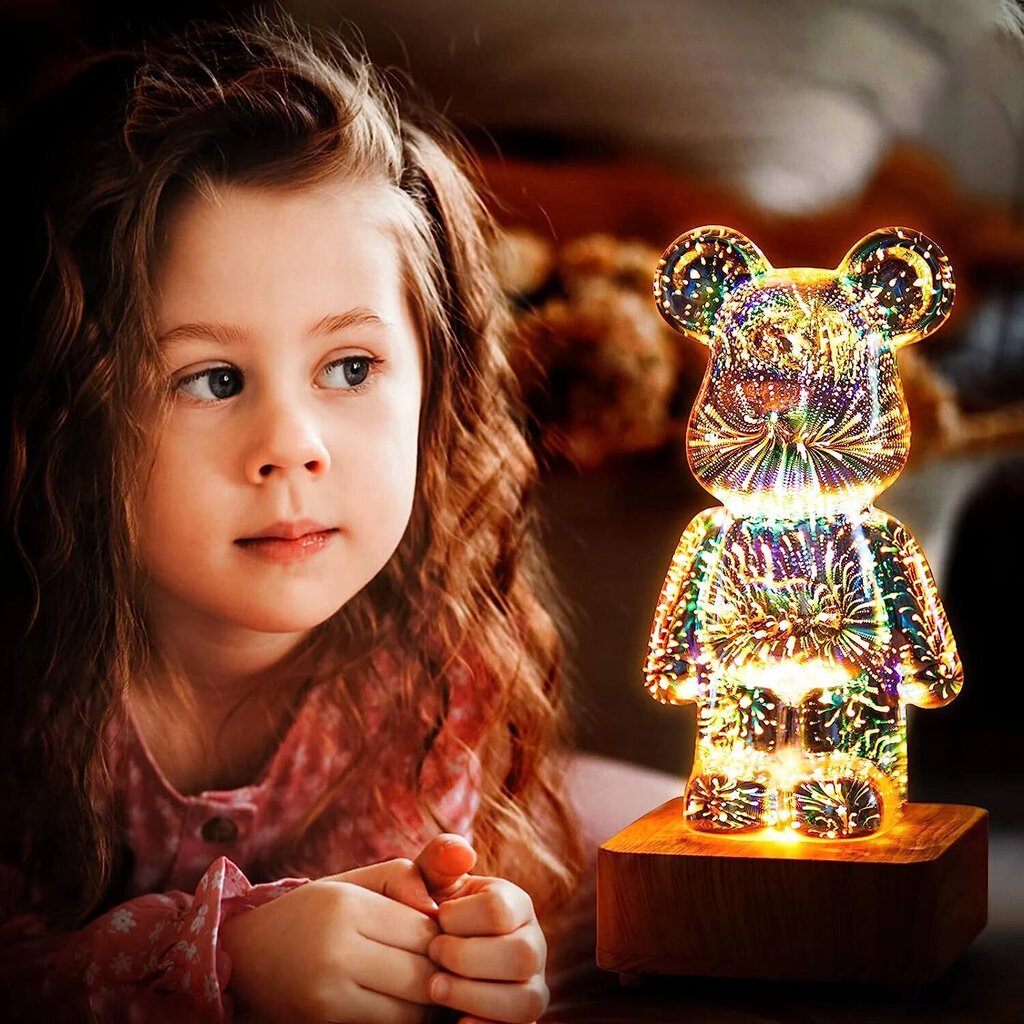 Naktsgalda lampa, lācītis, 7 krāsas, stikls, kvēlojošs uguņošana cena un informācija | Lampas bērnu istabai | 220.lv