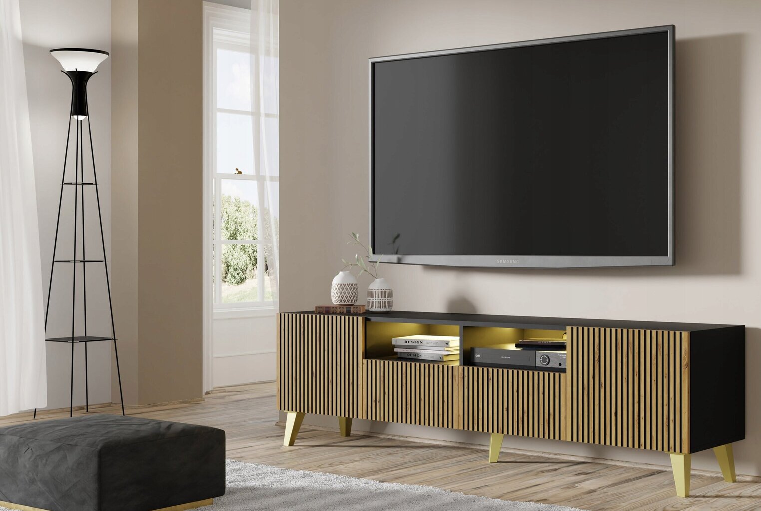 TV skapītis Akl Furniture Ravenna, melns/brūns cena un informācija | TV galdiņi | 220.lv