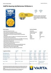 Elementi dzirdes aparātiem 10 VARTA 60 gab cena un informācija | Baterijas | 220.lv