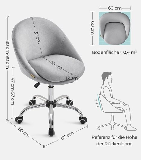 Biroja krēsls, regulējams augstums, 60 x 60 x (80-90) cm, pelēk cena un informācija | Biroja krēsli | 220.lv