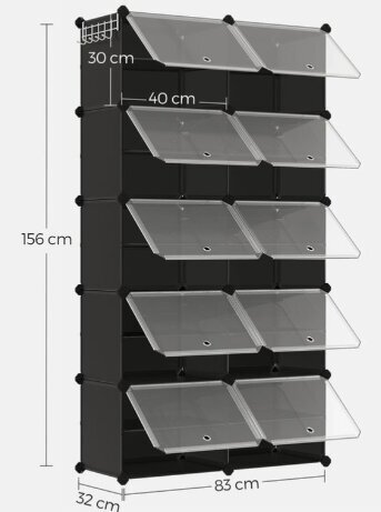 Apavu skapis ar 10 apavu atvilktnēm, 32 x 165 x 125 cm, melns un caurspīdīgs cena un informācija | Apavu skapji, apavu plaukti, priekšnama soliņi | 220.lv