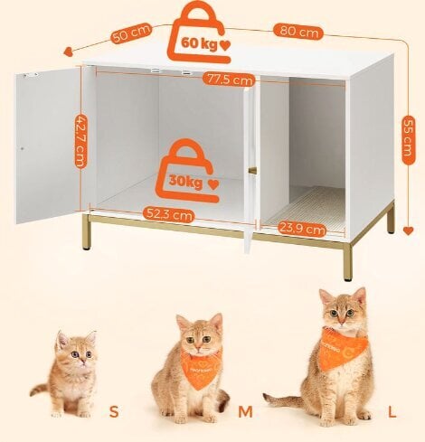 Kaķu smilšu kastes skapis, Feandrea, 80 x 50 x 55 cm, balta un zelta krāsā цена и информация | Kaķu tualetes | 220.lv