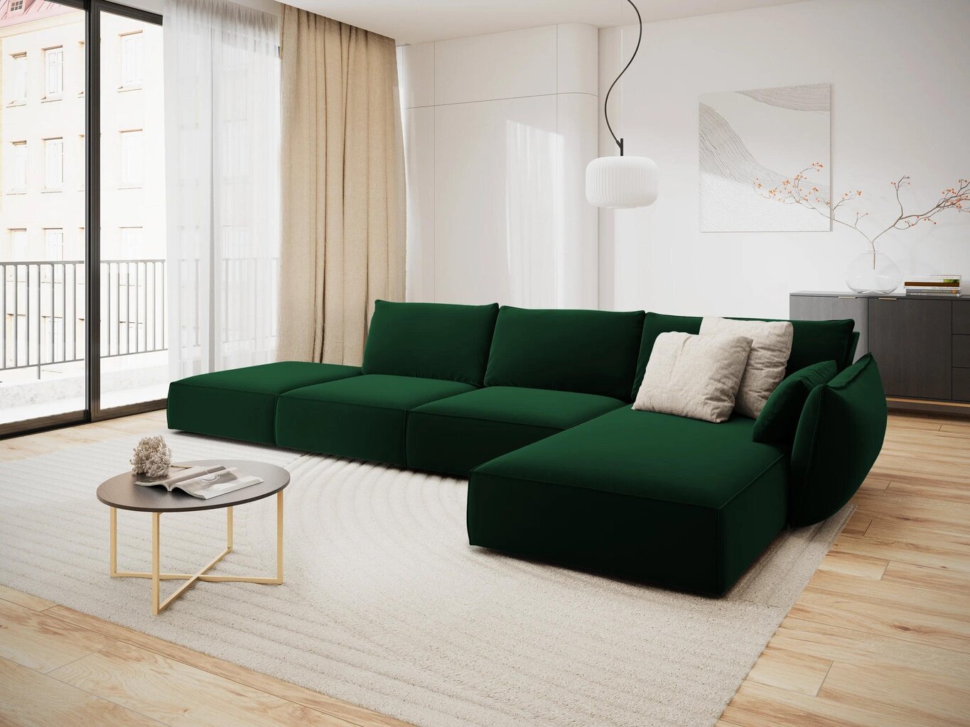 Labās puses stūra samta dīvāns Vanda, 5 sēdvietas, zaļas pudeļu kr. cena un informācija | Stūra dīvāni | 220.lv