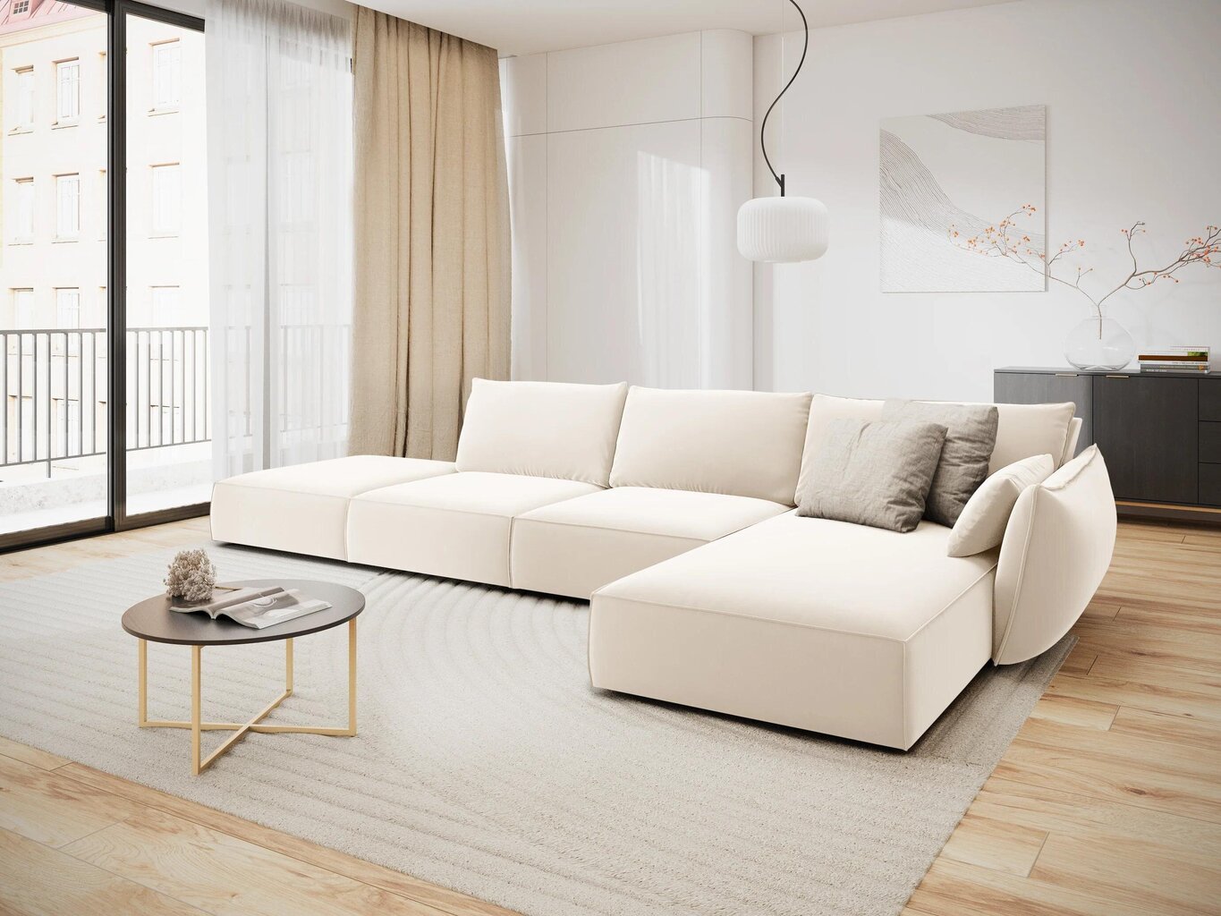 Labās puses stūra samta dīvāns Vanda, 5 sēdvietas, gaišas smilškrāsas cena un informācija | Stūra dīvāni | 220.lv