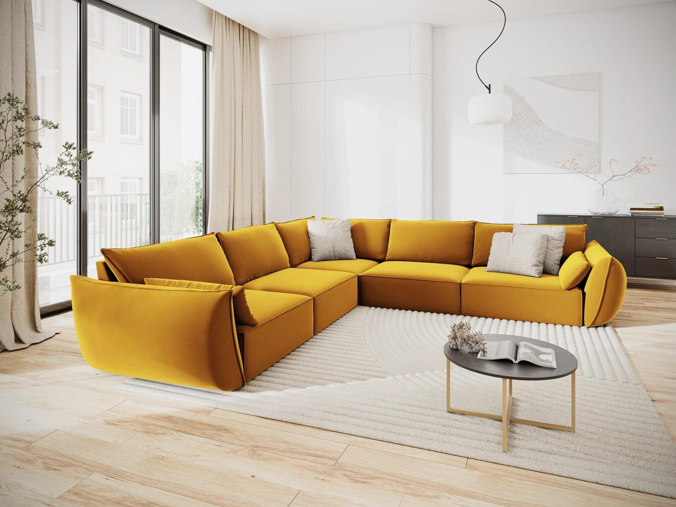 Simetrisks stūra samta dīvāns Vanda, 7 sēdvietas, dzeltens cena un informācija | Stūra dīvāni | 220.lv
