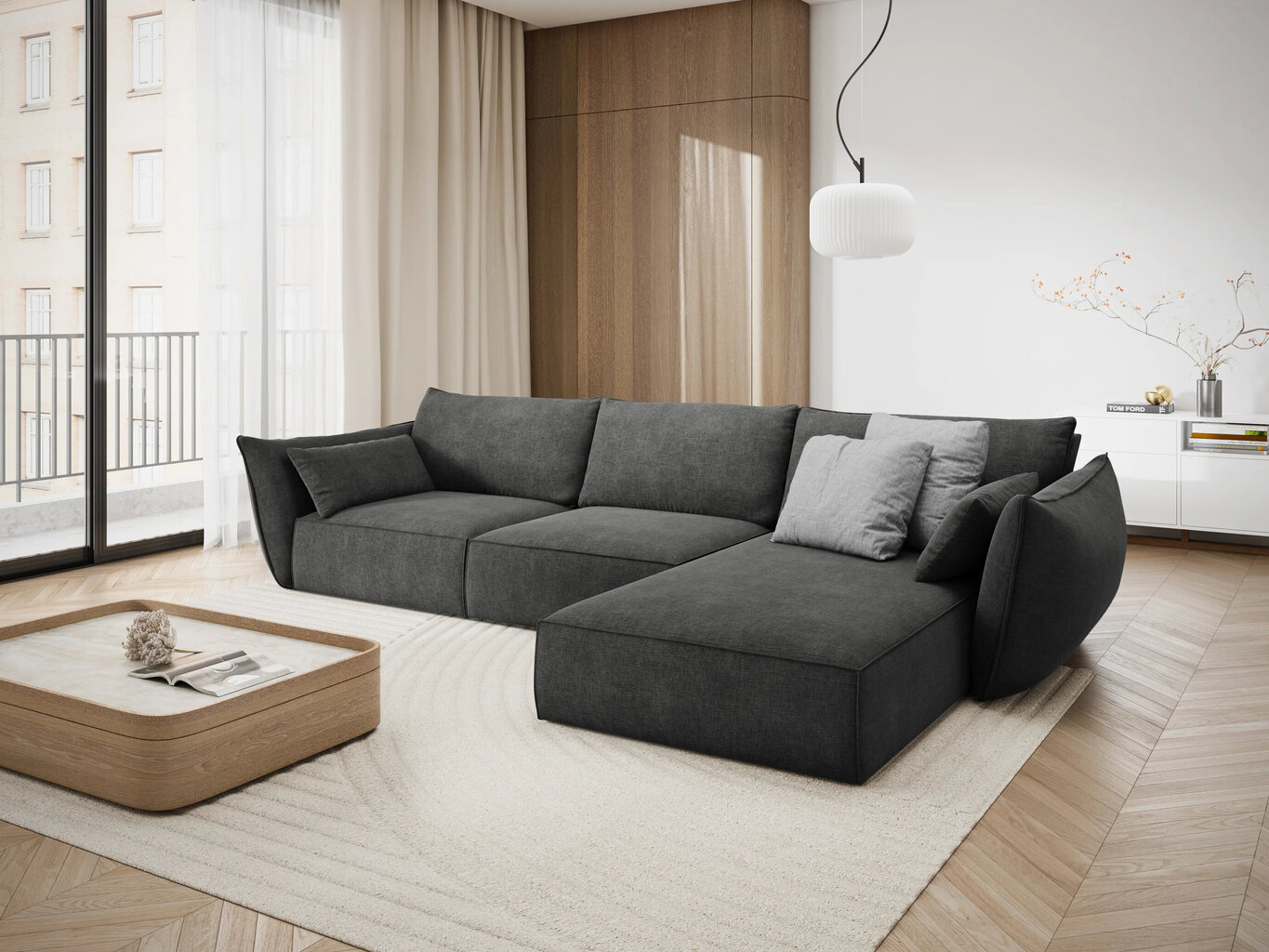 Labās puses stūra dīvāns Vanda, 4 sēdvietas, pelēks cena un informācija | Stūra dīvāni | 220.lv