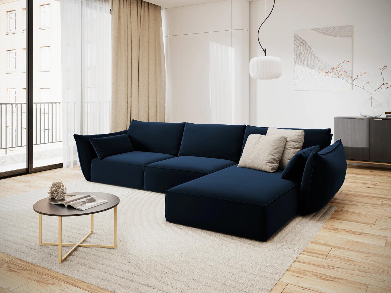 Labās puses stūra samta dīvāns Vanda, 4 sēdvietas, tumši zils cena un informācija | Stūra dīvāni | 220.lv
