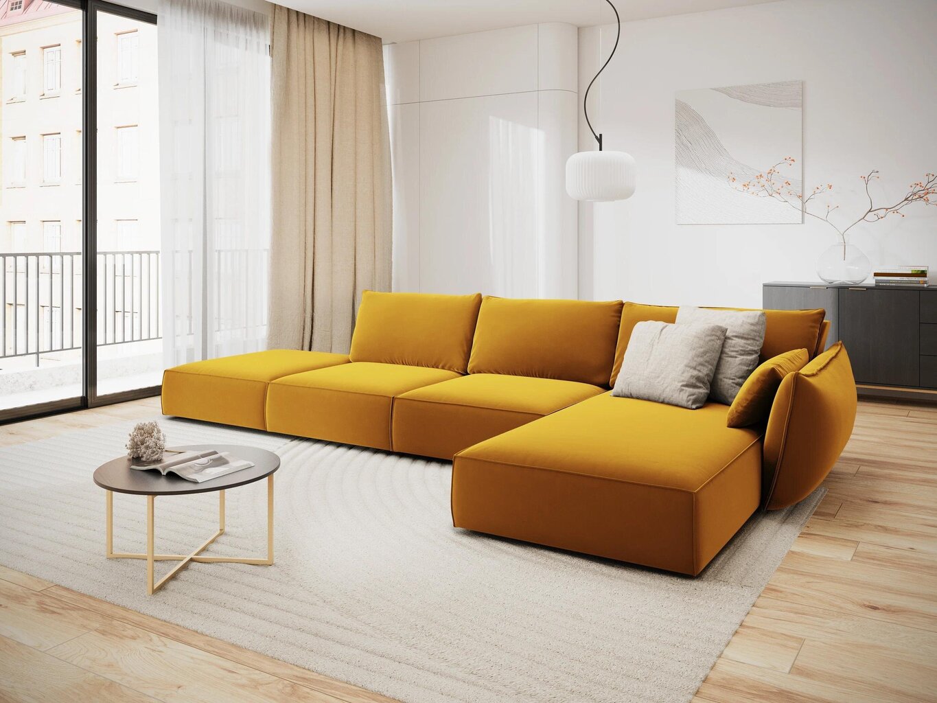 Labās puses stūra samta dīvāns Vanda, 5 sēdvietas, dzeltens (sinepju) cena un informācija | Stūra dīvāni | 220.lv