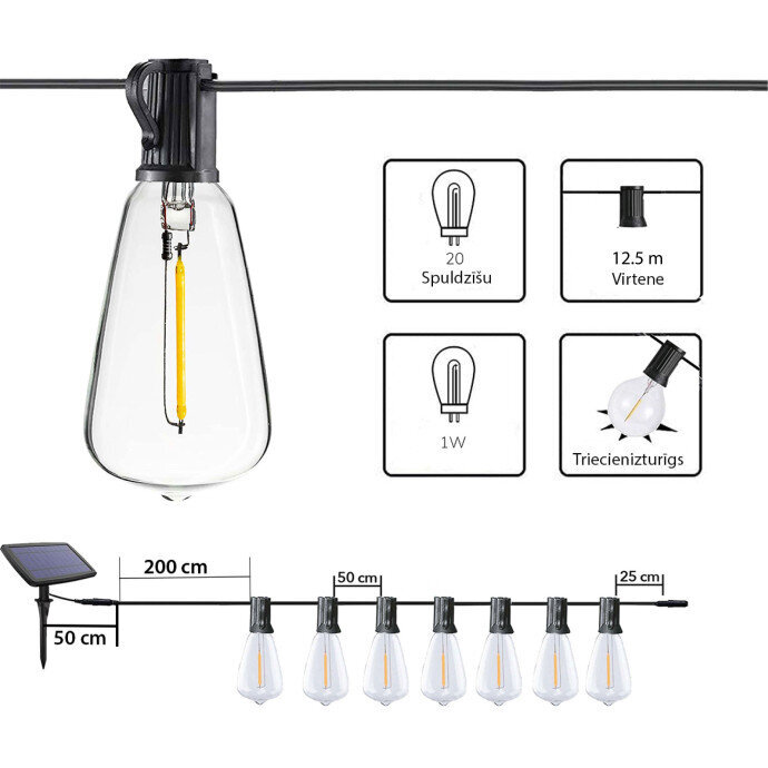 Āra gaismas virtenes ar saules bateriju Tonro Retro, 12.25m цена и информация | Ziemassvētku lampiņas, LED virtenes | 220.lv