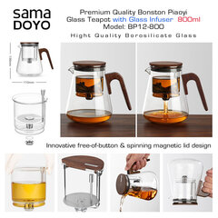 SAMADOYO Premium klases Tējkanna ar stikla filtru un inovatīvu magnētisko vārstu, Bonston Piaoyi BP12-800, 800 ml cena un informācija | Kafijas kannas, tējkannas | 220.lv