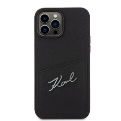 Karl Lagerfeld Saffiano Card Slot Metal Signature Case for iPhone 14 Pro Max Black цена и информация | Чехлы для телефонов | 220.lv