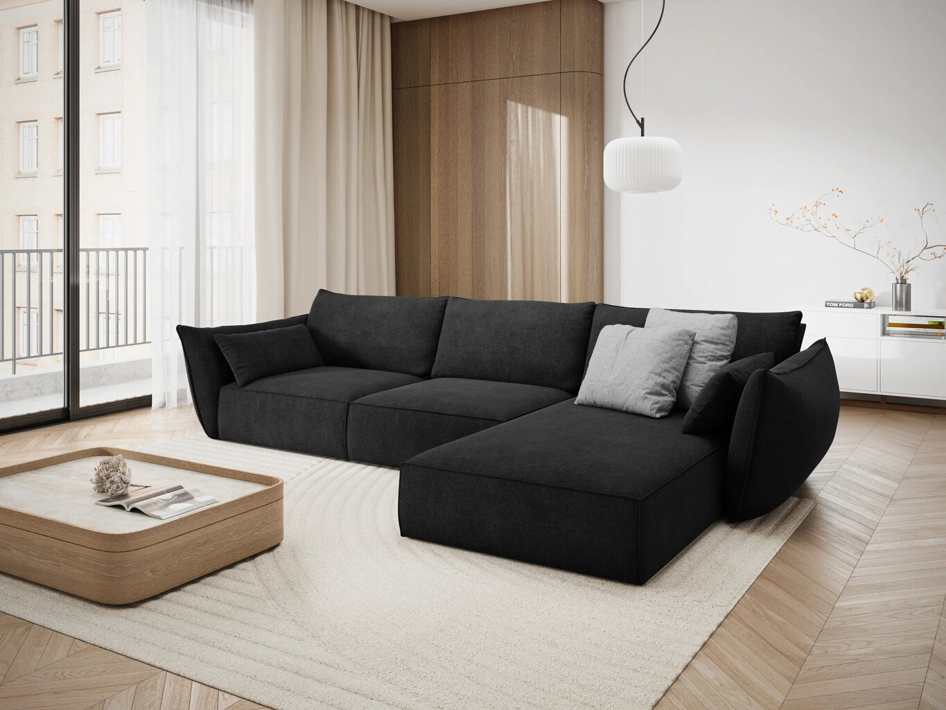 Labās puses stūra dīvāns Vanda, 4 sēdvietas, tumši pelēks cena un informācija | Stūra dīvāni | 220.lv