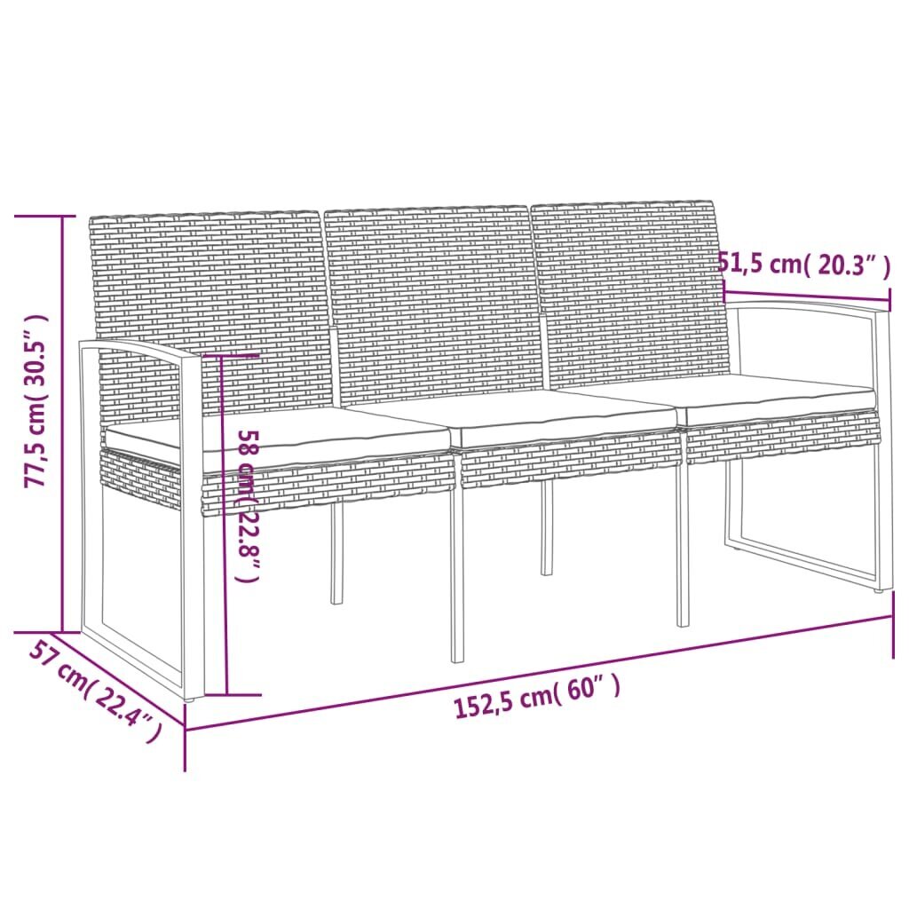 Trīsvietīgs dārza sols ar matračiem, 152,5x57x77,5 cm, melns cena un informācija | Dārza soli | 220.lv