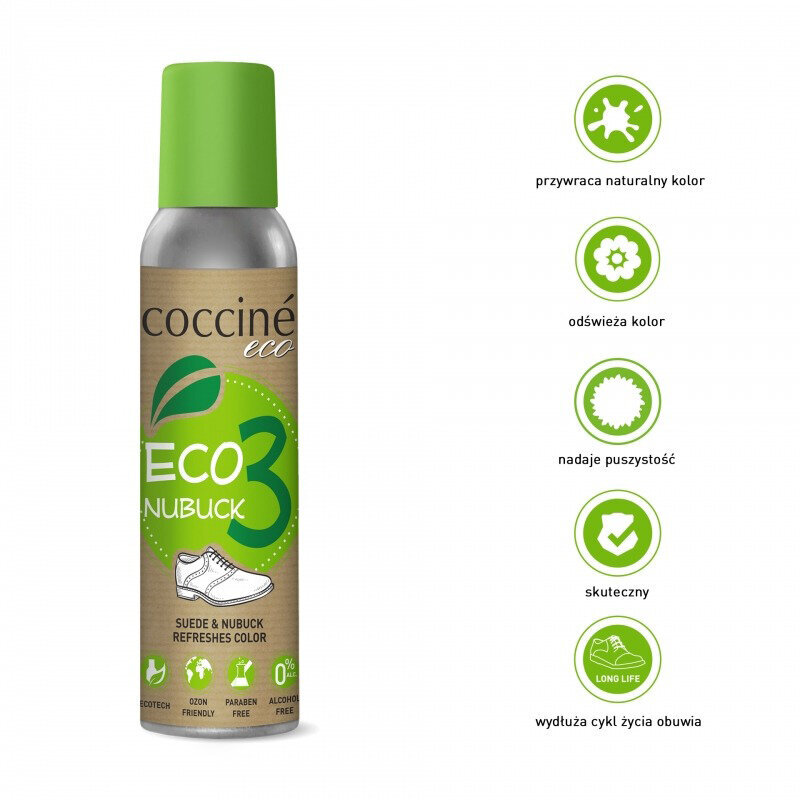 Eco Nubuck krāsa zamšādai un nubukam, melna (Vegan) - Coccine Eco Nubuk 3 , 200 ml cena un informācija | Līdzekļi apģērbu un apavu kopšanai | 220.lv
