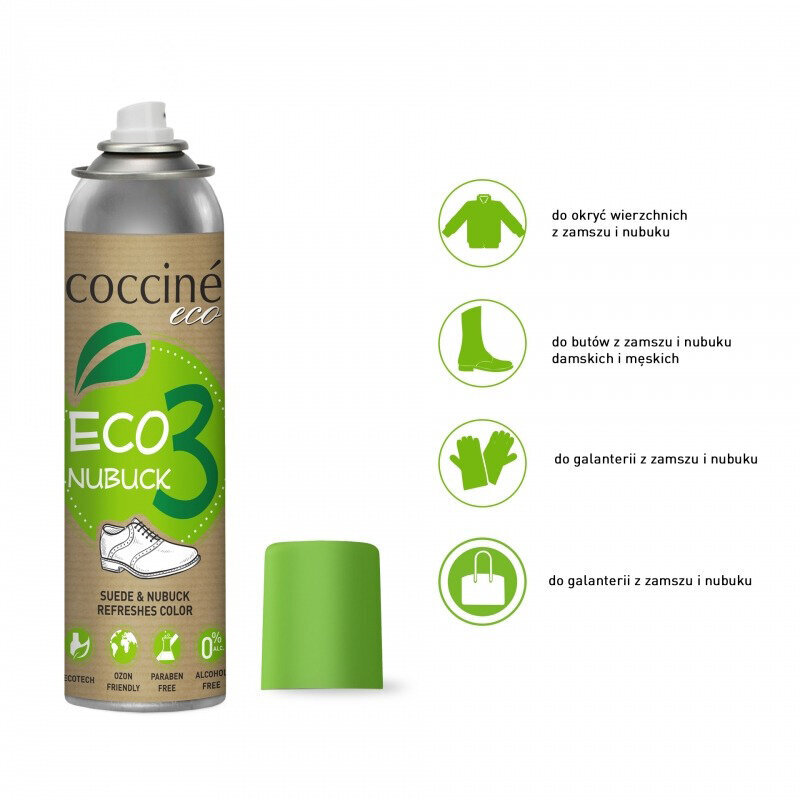 Eco Nubuck krāsa zamšādai un nubukam, melna (Vegan) - Coccine Eco Nubuk 3 , 200 ml cena un informācija | Līdzekļi apģērbu un apavu kopšanai | 220.lv