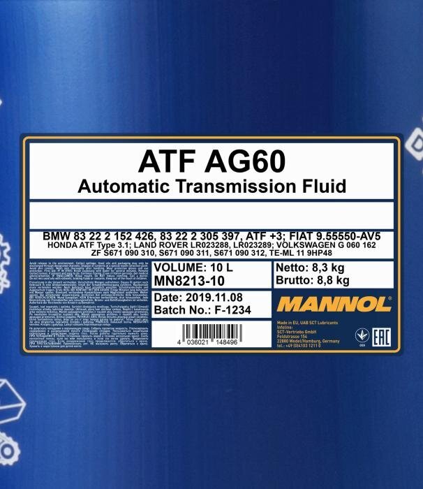 Transmisijas eļļa Mannol 8213 ATF AG60, 10 l cena un informācija | Eļļas citām autodaļām | 220.lv