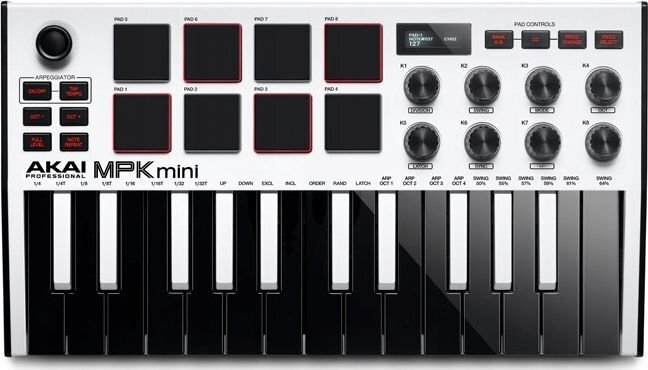 Akai MPK Mini MK3 Control tastatūra Pad kontrolleris MIDI USB Melns, Balts цена и информация | Taustiņinstrumenti | 220.lv