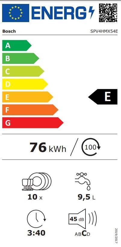 Bosch Serie 4 SPV4HMX54E trauku mazgājamā mašīna Pilnībā iebūvēti 10 šķīvji E cena un informācija | Trauku mazgājamās mašīnas | 220.lv