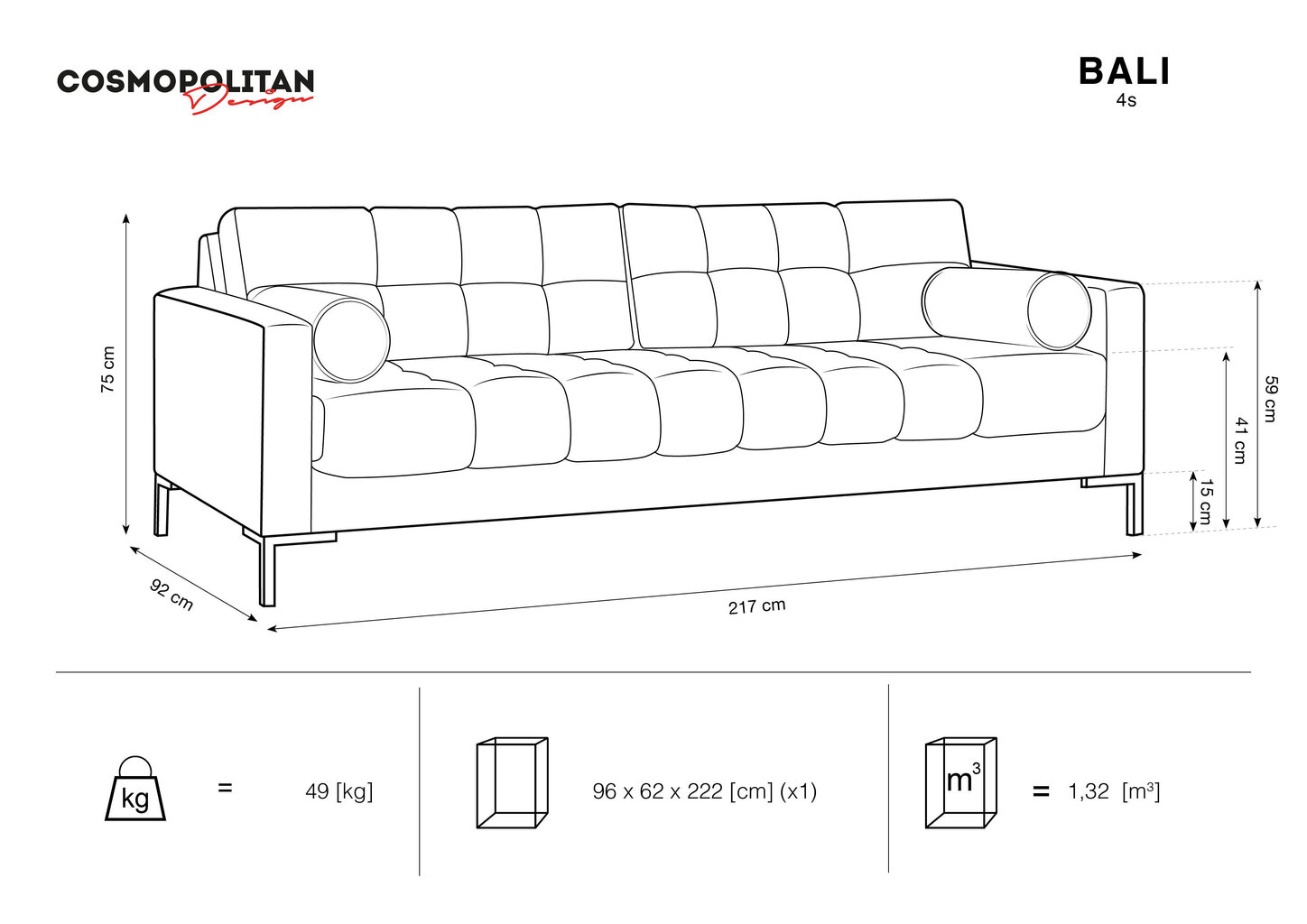 Dīvāns Cosmopolitan Design Bali 4S, tumši pelēks/melns cena un informācija | Dīvāni | 220.lv