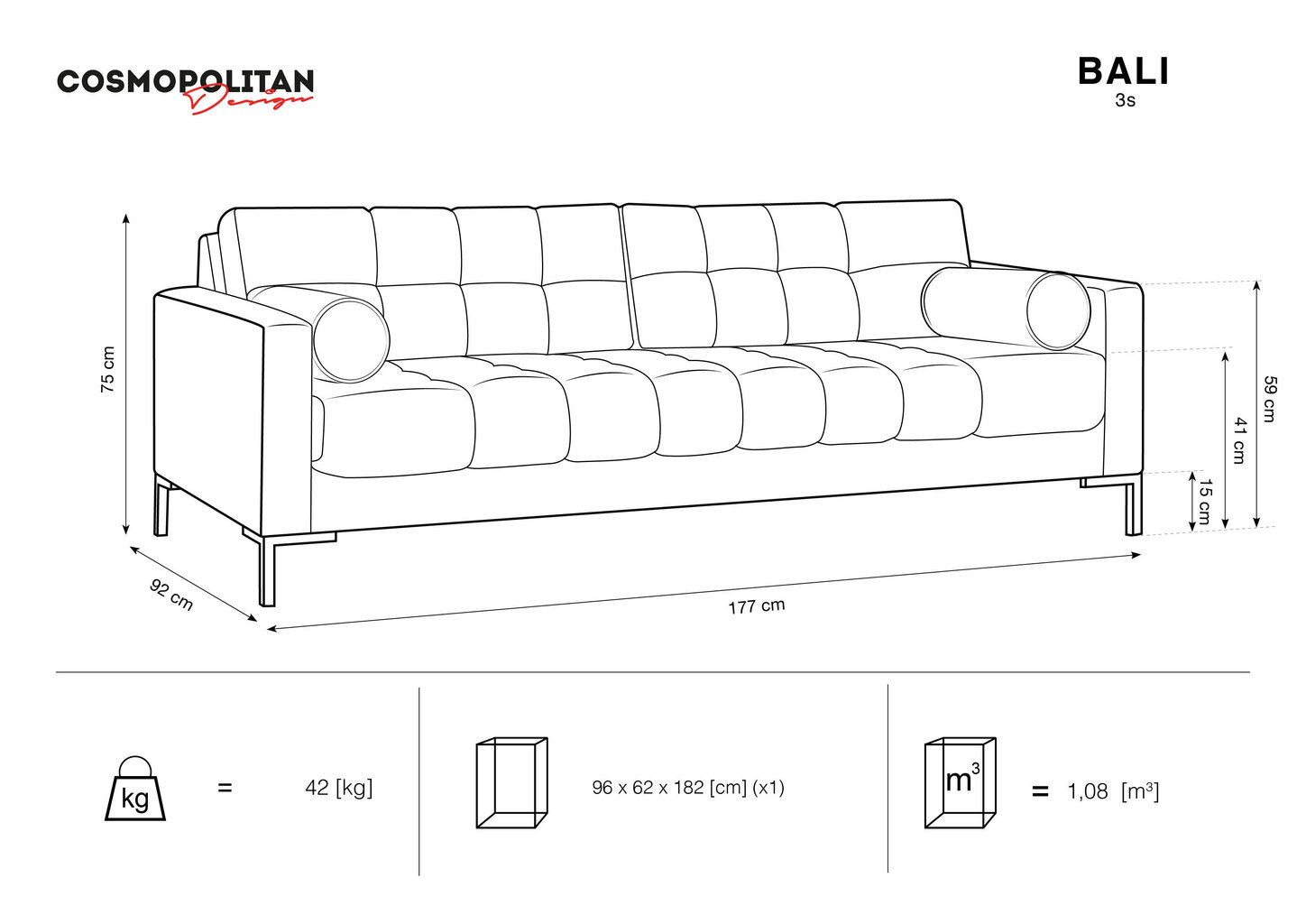 Dīvāns Cosmopolitan Design Bali 3S, gaiši pelēks/melns cena un informācija | Dīvāni | 220.lv