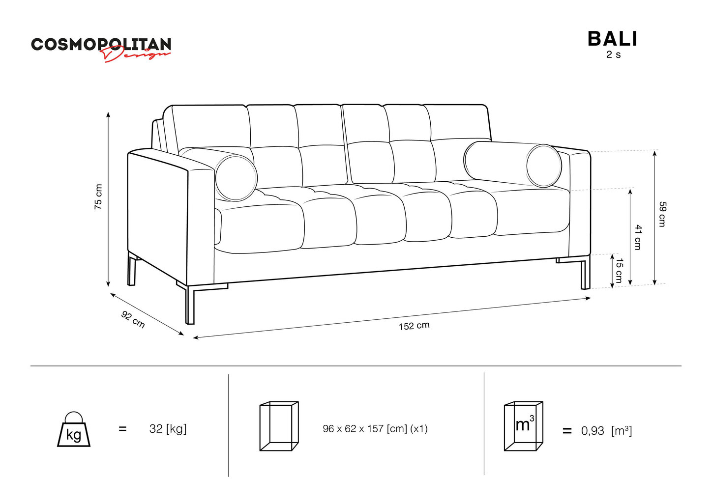Dīvāns Cosmopolitan Design Bali 2S, gaiši pelēks/zelta krāsas cena un informācija | Dīvāni | 220.lv