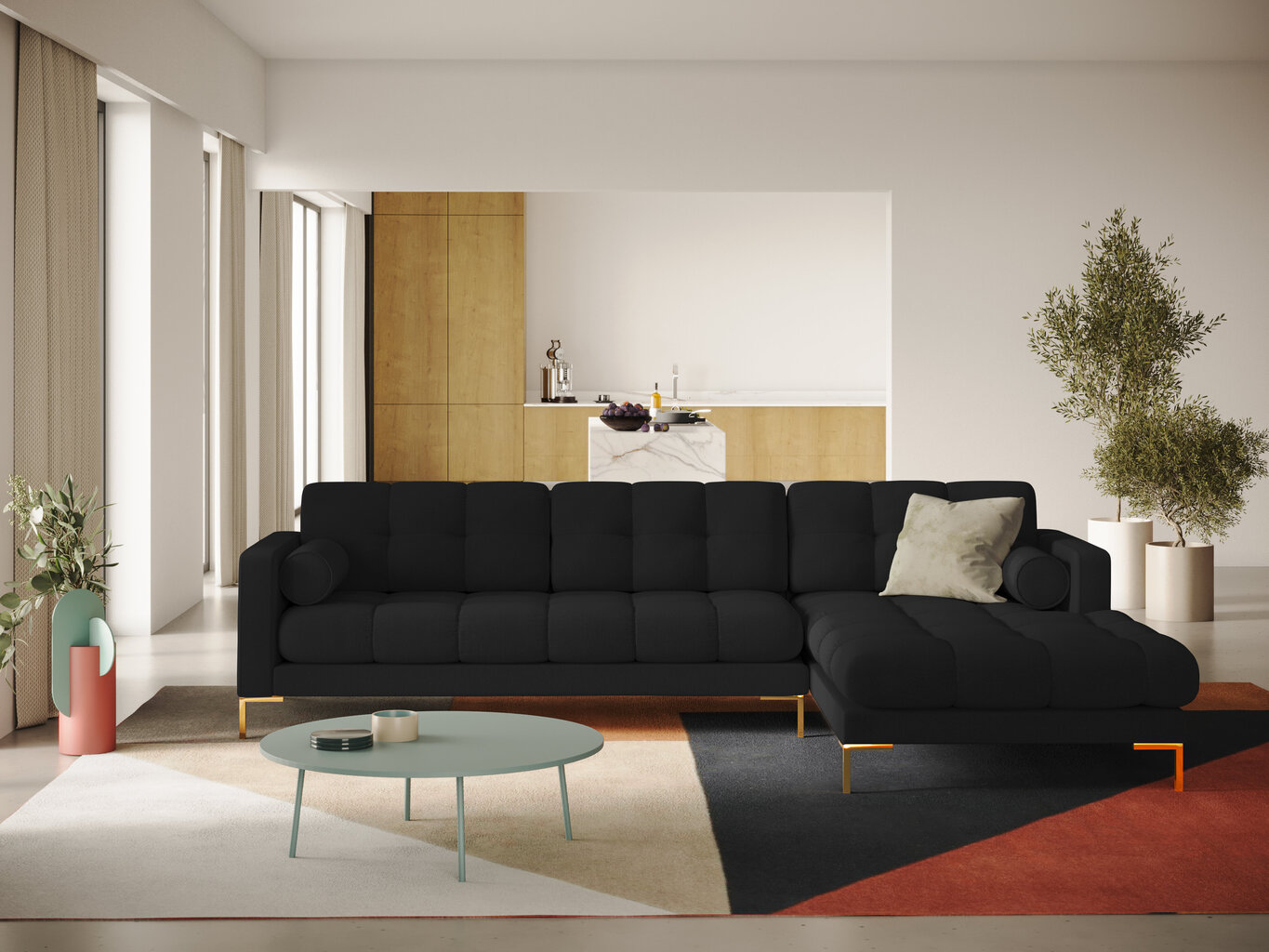 Stūra dīvāns Cosmopolitan Design Bali R 5S, melns/zeltainas krāsas cena un informācija | Stūra dīvāni | 220.lv