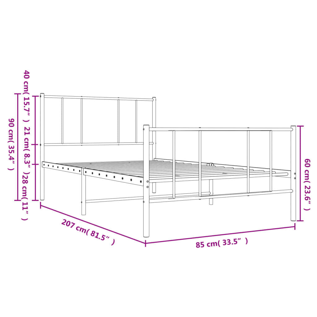 Gultas rāmis ar galvgali un kājgali vidaXL , balts metāls, 80x200 cm cena un informācija | Gultas | 220.lv