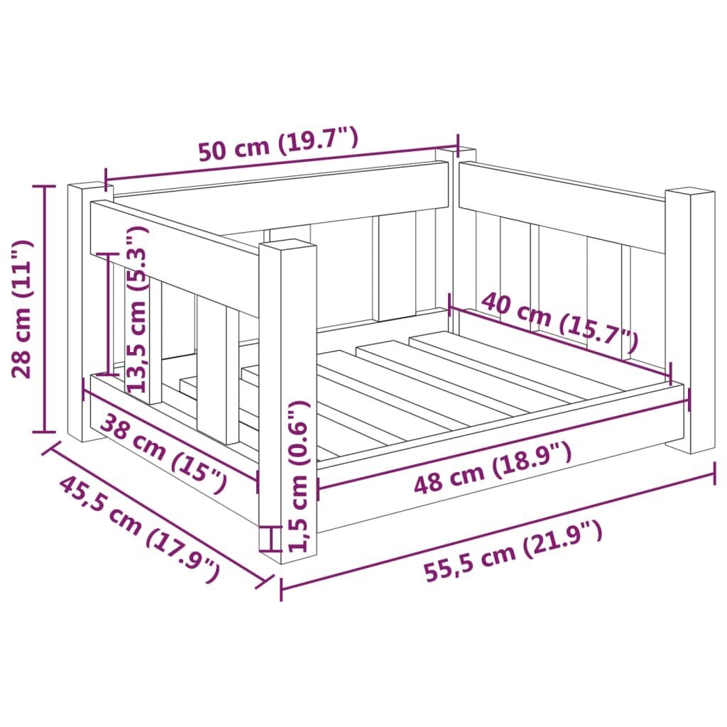 vidaXL suņu gulta, 55,5x45,5x28 cm, priedes masīvkoks cena un informācija | Suņu gultas, spilveni, būdas | 220.lv