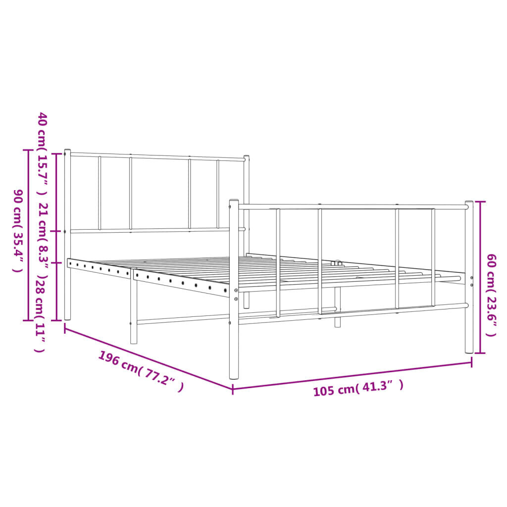 vidaXL gultas rāmis ar galvgali un kājgali, melns metāls, 100x190 cm cena un informācija | Gultas | 220.lv