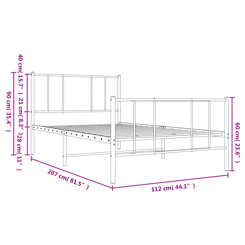 vidaXL gultas rāmis ar galvgali un kājgali, balts metāls, 107x203 cm цена и информация | Gultas | 220.lv