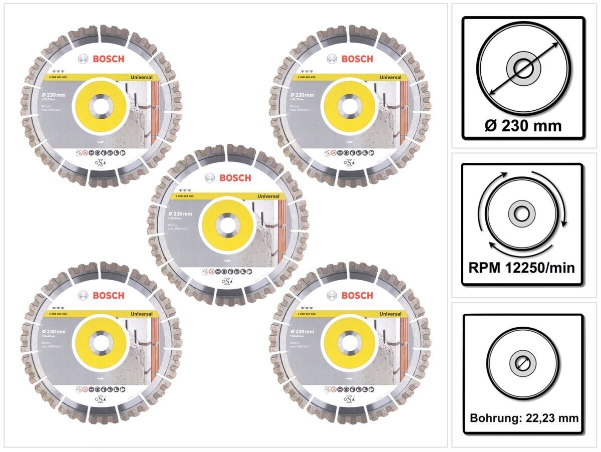 Dimanta griešanas disku komplekts Bosch Best for Universal (2608603633), 5 gab. cena un informācija | Rokas instrumenti | 220.lv