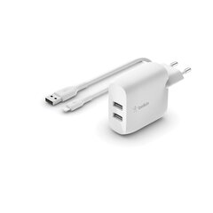 Сетевая зарядка Belkin Boost Charge Dual USB-A 24W + Lightning to USB-A cable белая цена и информация | Зарядные устройства для телефонов | 220.lv