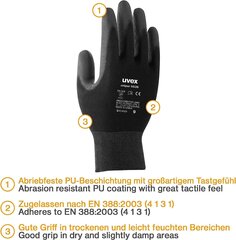 UVEX 10 Пара Unipur 6639 Рабочие перчатки - Защитные перчатки для работы - EN 388 - черный/серый - 08/M цена и информация | Рабочие перчатки | 220.lv