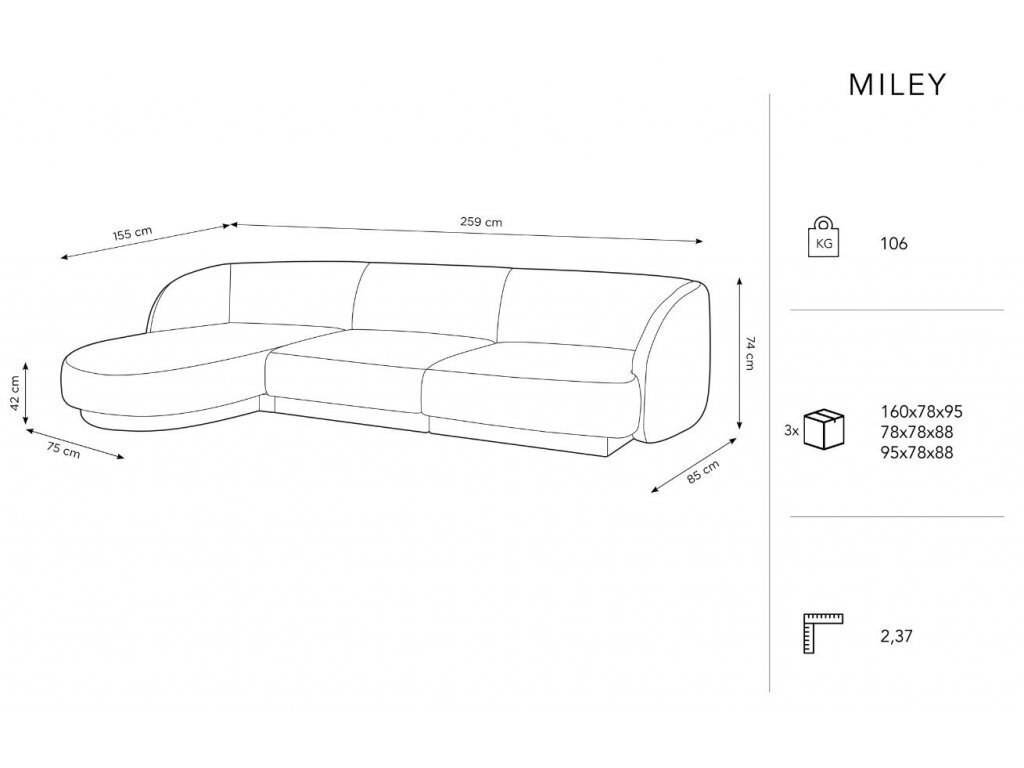 Kreisās puses stūra dīvāns Micadoni Miley, 259 x 155 x 74 cm, melns cena un informācija | Dīvāni | 220.lv