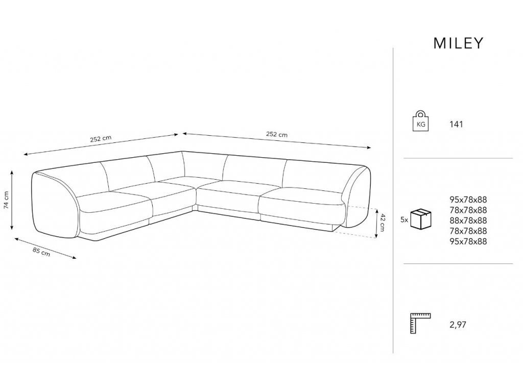 Simetrisks stūra dīvāns Micadoni Miley, 252 x 252 x 74, pelēks cena un informācija | Dīvāni | 220.lv